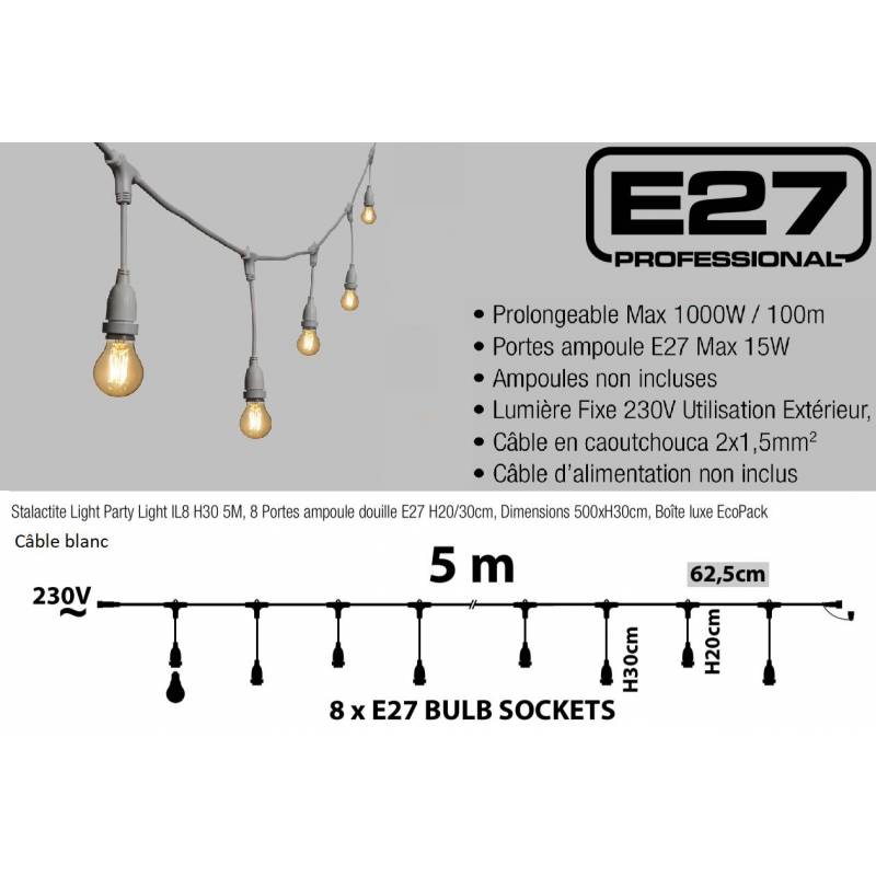 Guirlande Guinguette stalactite E27 cable blanc connectable dimensions