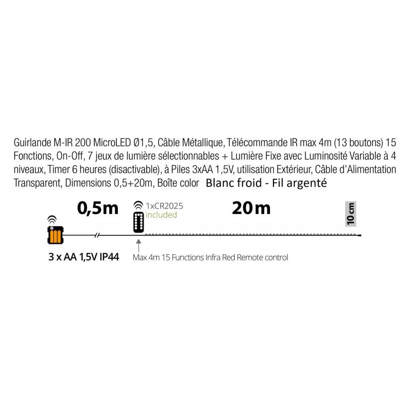 Guirlande piles 20M micro led extérieur professionnel dimensions techniques