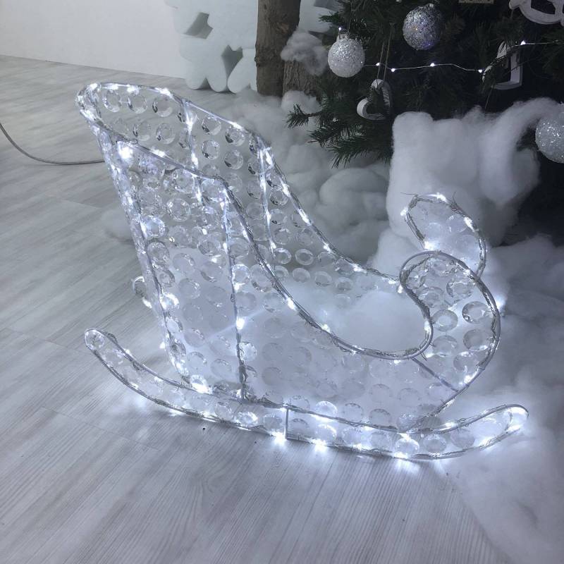 Traineau lumineux du père noël 3D cristaux acryliques 120 LED blanc froid fixe extérieur professionnel