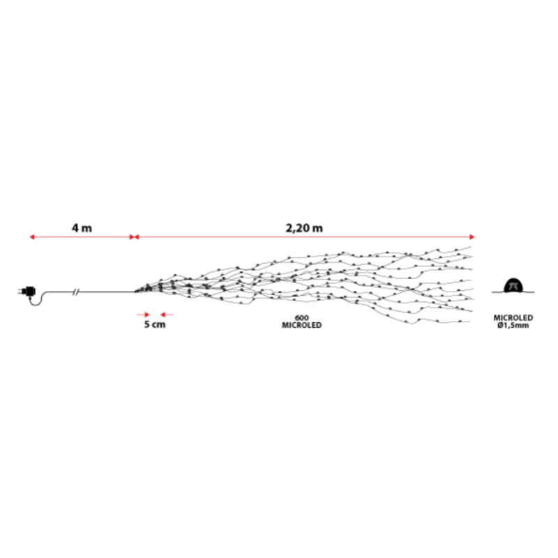 Cascade lumineuse LED 2M 15 branches professionnel dimensions