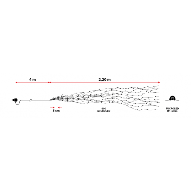 Cascade lumineuse LED 2M 15 branches professionnel dimensions