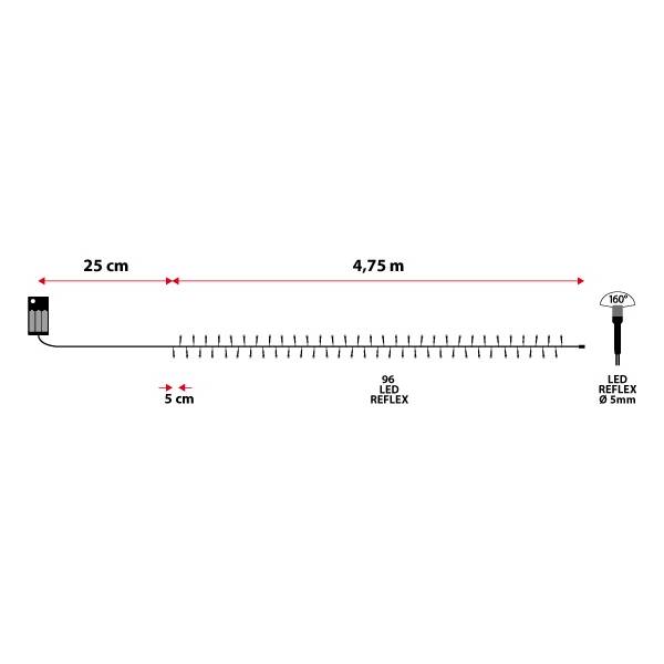 Guirlande à piles 96 ampoules led 4,75 mètres blanc froid extérieur IP44 Minuteur dimensions techniques