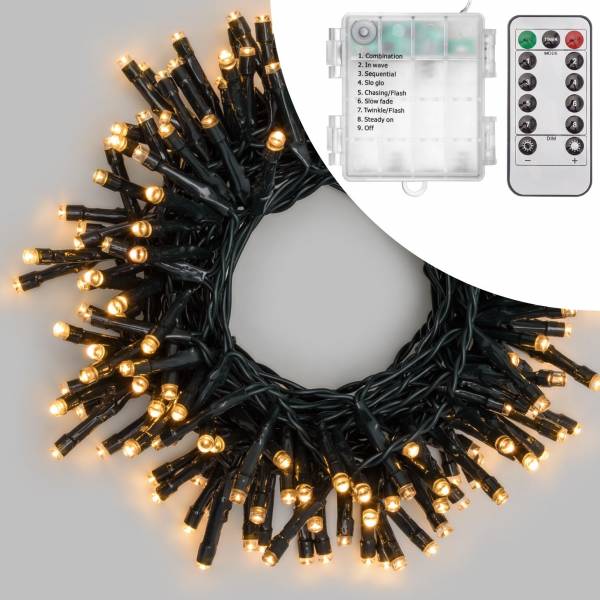 Guirlande piles animée 180 leds blanc chaud 7M télécommande extérieur intérieur