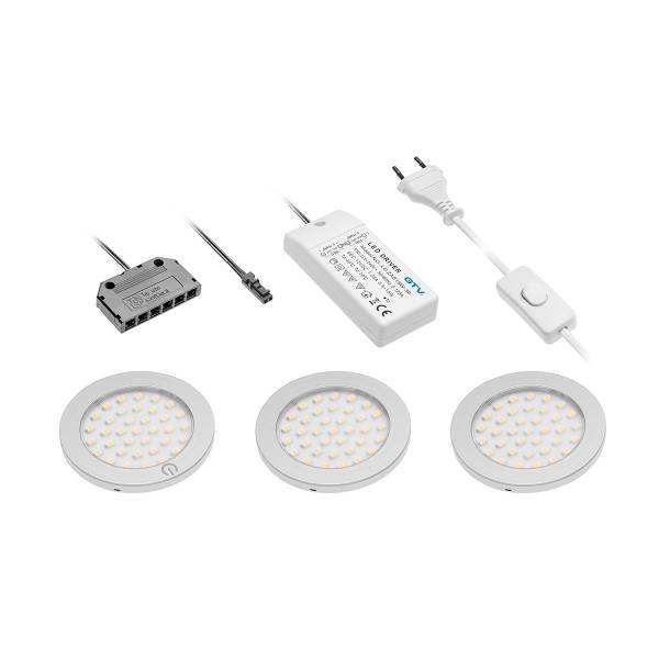 Kit de 3 spots led extra plat pour meuble 67mm chrome mat / acrylique transparent 2,8W blanc chaud