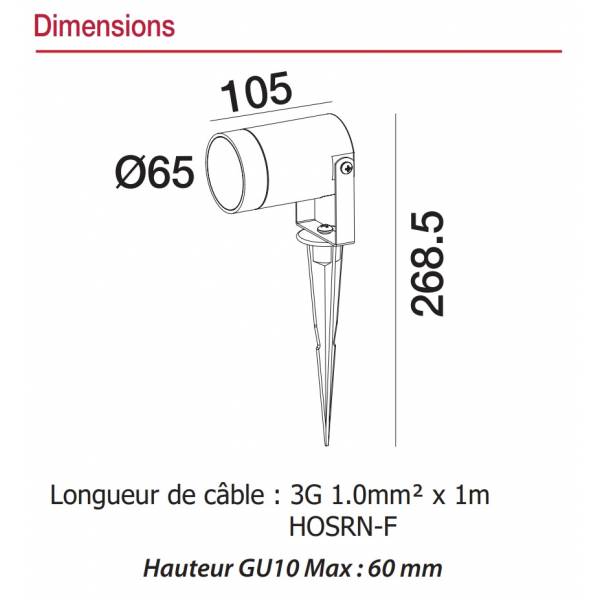 Spot piquet extérieur LED noir alu IP65 230V GU10 Visionpro dimensions techniques