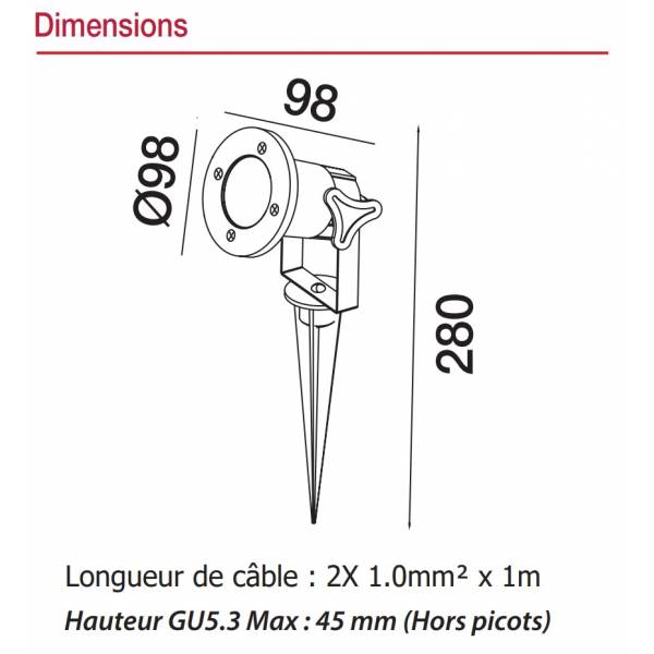 Spot piquet extérieur LED noir IP65 12V aluminium GU5.3 Visionpro dimensions