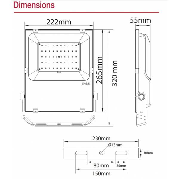 Projecteur led extérieur dimmable RGB et blanc CCT 50W noir IP65 230V dimensions techniques