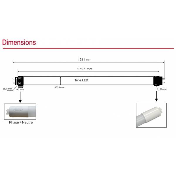 Tube neon Led T8 120cm blanc chaud 3000k 18W avec starter