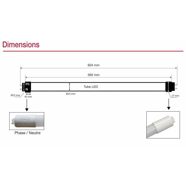 Tube neon led T8 60cm blanc chaud 3000k 10W avec starter