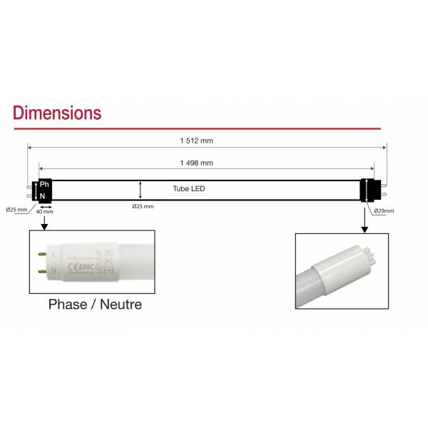 Tube neon Led T8 150cm blanc neutre 4000k 24W avec starter polycarbonate