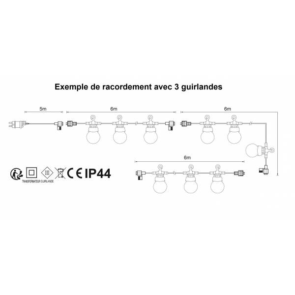 Extension Guirlande lumineuse guinguette 6M 20 ampoules LED blanc chaud câble noir extensible IP44 Elume