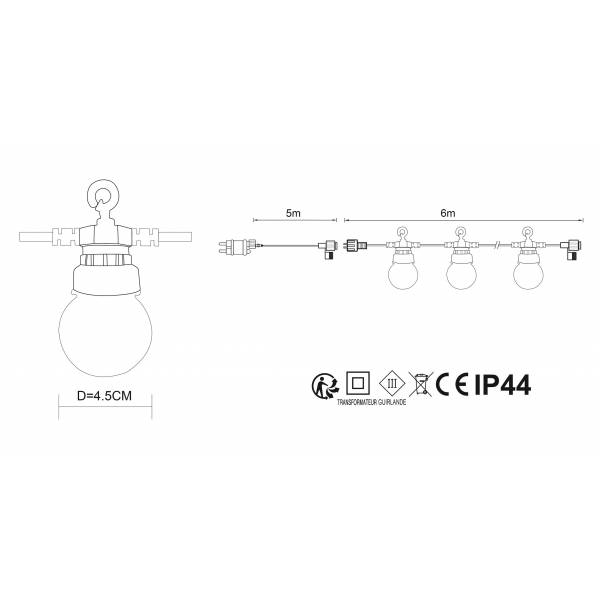 Guirlande guinguette 6M 20 ampoules LED blanc chaud câble blanc extensible IP44 Elume