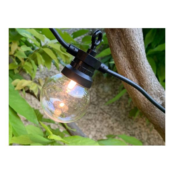 Guirlande lumineuse guinguette 6M 20 globes transparents LED blanc chaud câble noir extensible IP44 Elume