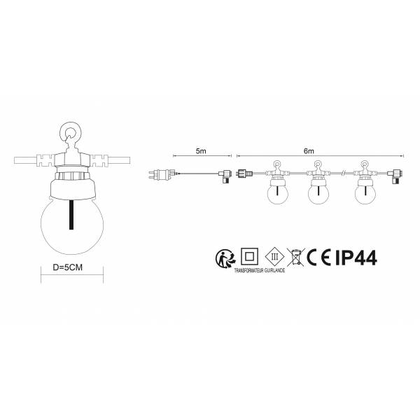 Guirlande guinguette 6M 10 globes transparents LED filament blanc chaud 24V extérieure connectable Elume