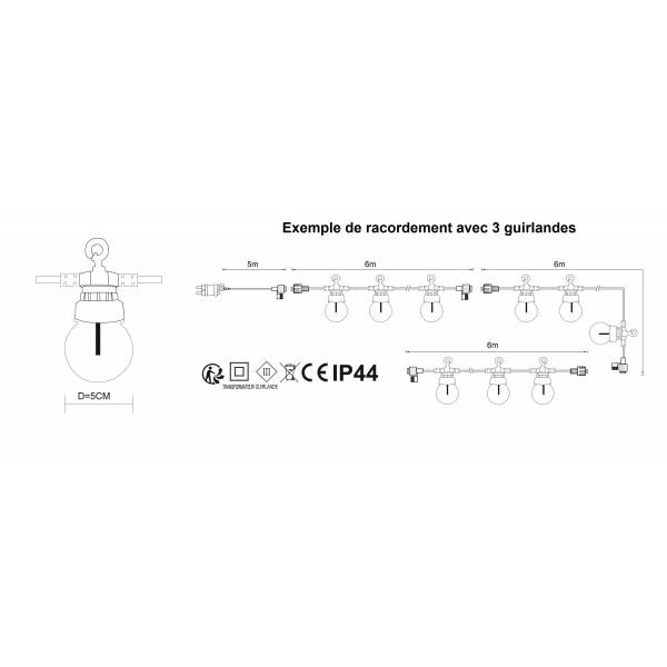 Guirlande guinguette 6M 10 globes transparents LED filament blanc chaud 24V extérieure connectable Elume