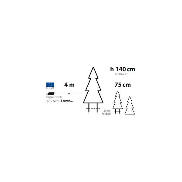 Sapin lumineux 2D H140cm 140 LED blanc chaud 8 jeux lumières IP44