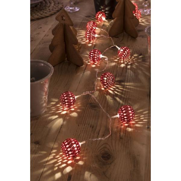 Guirlande lumineuse boules rouge métal ajouré 3M 24 LED blanc chaud 24V câble transparent Konstsmide