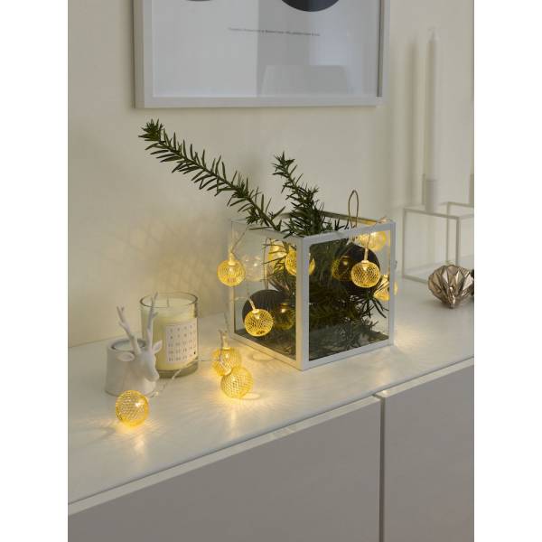 Guirlande boules lumineuses à piles métal doré 90CM 10 LED blanc chaud câble transparent Konstsmide