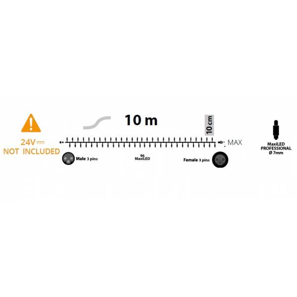 Guirlande lumineuse 10M extensible 96 LED Blanc chaud 8 programmes cable transparent 24V