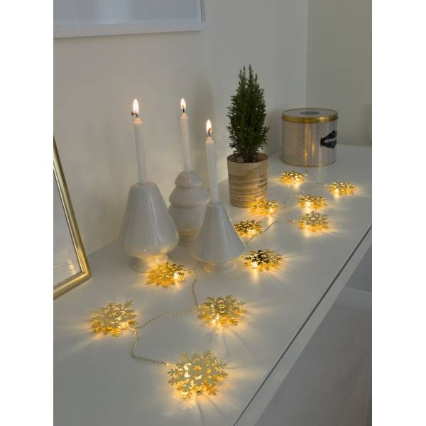 Guirlande lumineuse flocons de neige métal doré piles 1M 10 LED blanc chaud câble transparent