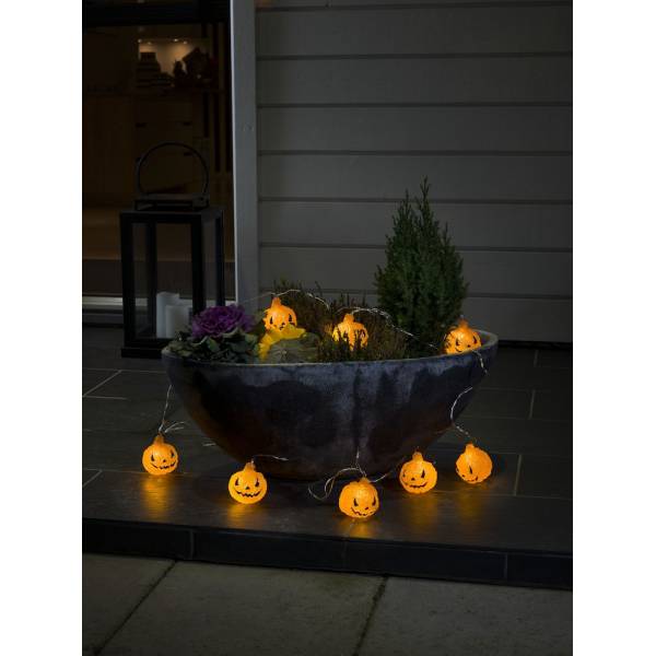 Guirlande halloween lumineuse 8 citrouilles jaune piles à 3.5M 16 LED câble transparent