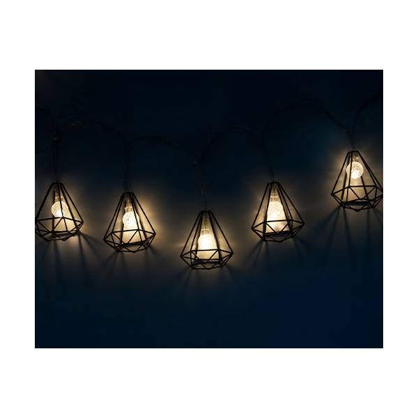 Guirlande lumineuse solaire lanternes diamants métal noir 2M 10 LED blanc chaud câble transparent