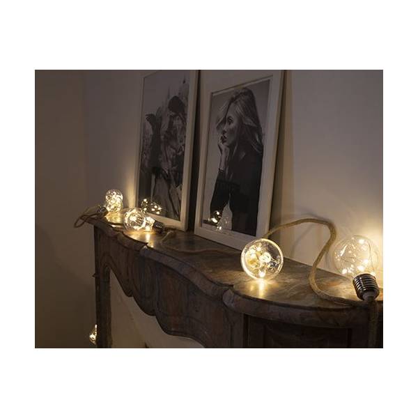 Guirlande lumineuse champêtre L5.6M 6 globes filament micro-LED jute