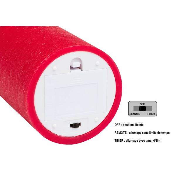 Bougie LED en cire rouge Flamme vacillante à piles H18cm Timer Blanc chaud