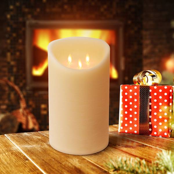 Bougie LED triple flammes vacillantes en cire véritable Ivoire à piles vacillantes H25cm Blanc chaud Timer