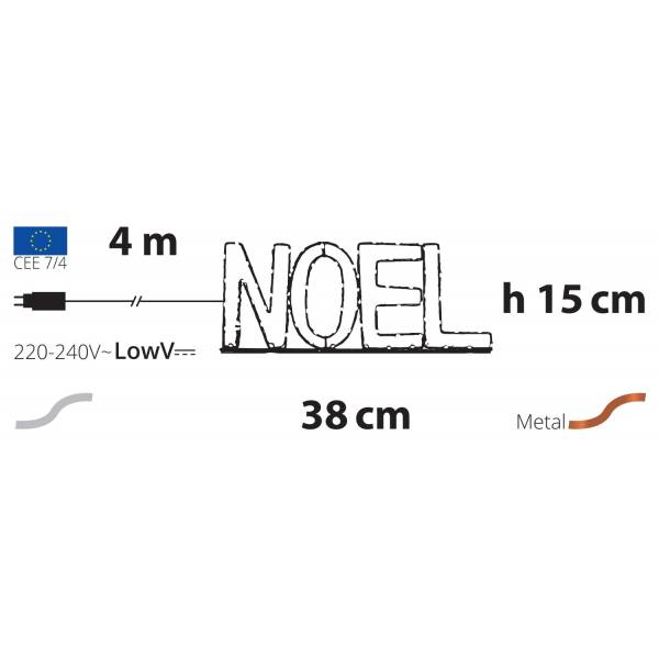 Mot lumineux NOEL métal fil cuivre MicroLED Blanc chaud IP44