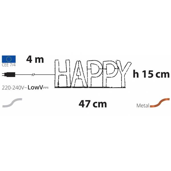 Mot lumineux HAPPY métal fil cuivre MicroLED Blanc chaud IP44