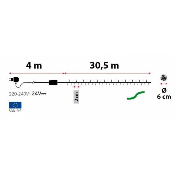 Guirlande lumineuse 30 mètres mini BOA 1500 LED blanc Chaud 8 programmes 24V IP44