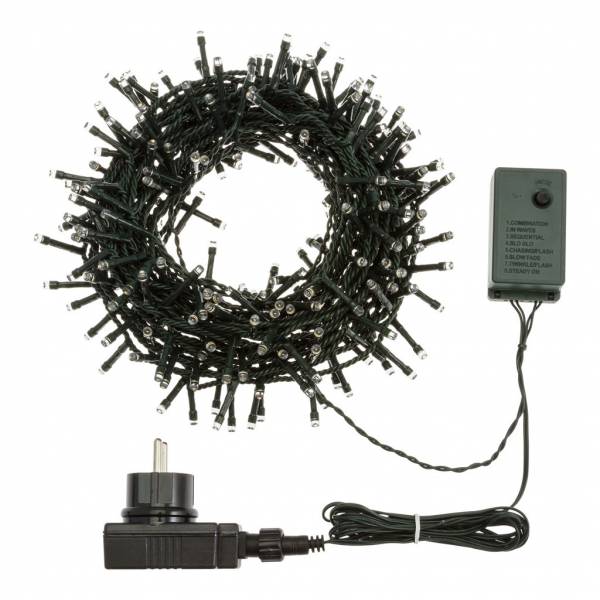 Guirlande noël 8 effets blanc froid 12.5M 300 LED câble vert timer extérieur IP44