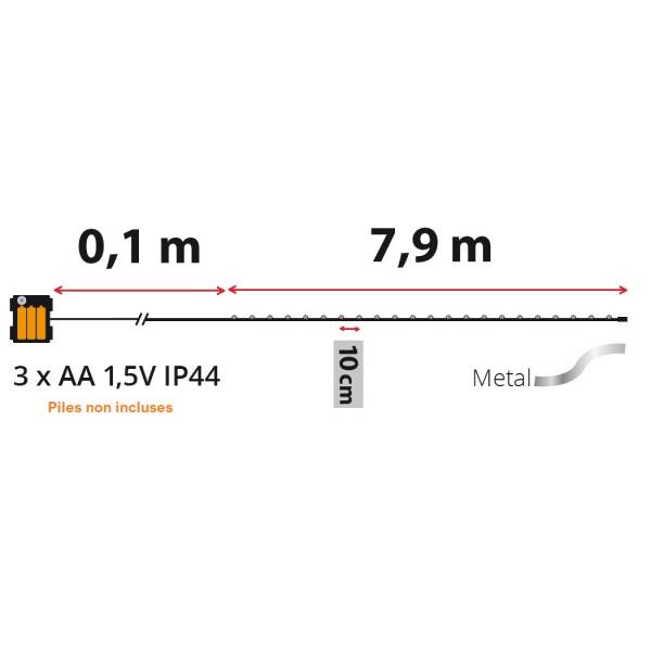 Guirlande lumineuse à piles 8m 80 MicroLED multicolore 8 modes timer mémoire fil métal argenté IP44