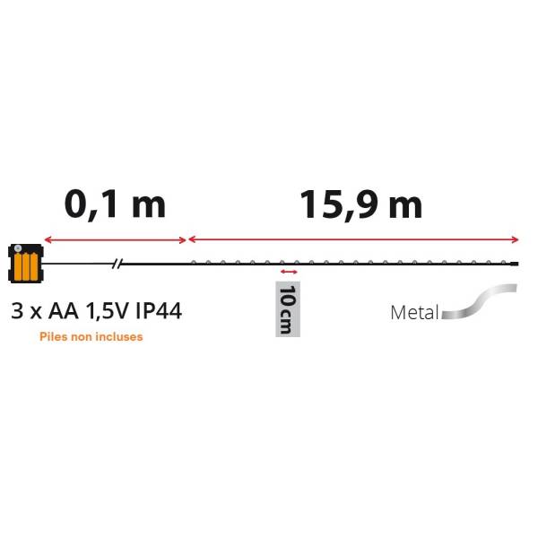 Guirlande à piles 16m MicroLED blanc froid 8 modes fil métal argenté