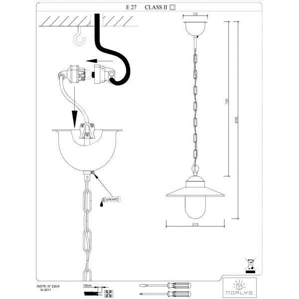 Suspension jardin classique E27 acier galvanisé gris extérieur IP55