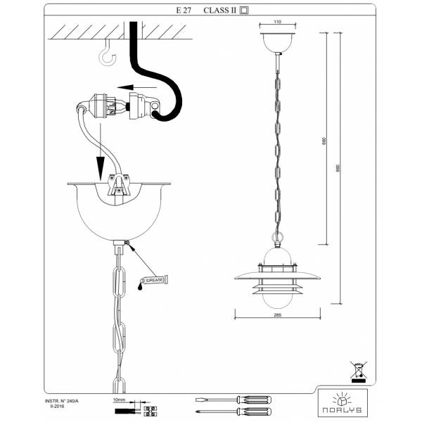 Suspension style ancien rétro acier noir IP54 extérieur E27