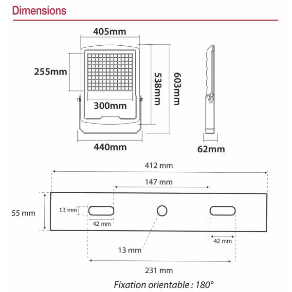 Projecteur led gris 300w blanc froid professionnel