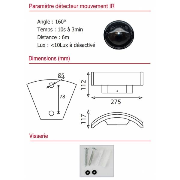 Applique murale extérieure incurvée capteur de mouvement 6W blanc naturel alu gris anthracite IP54