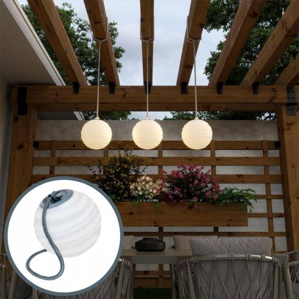 Suspension extérieur portative boule blanche striée SORA Led RGBW 256 couleurs sans fil corde gris étanche IP65