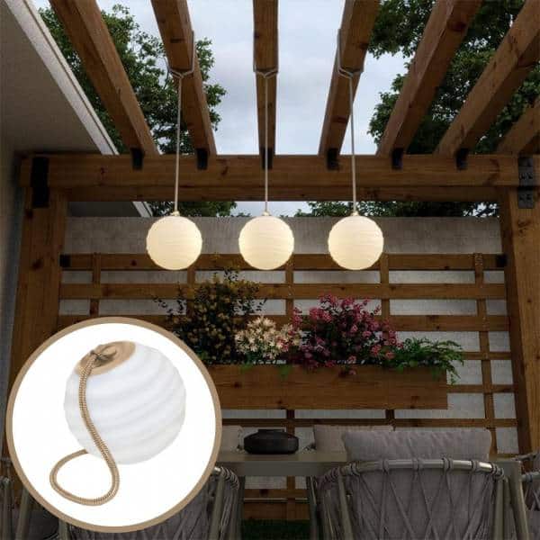 Suspension extérieur portative boule blanche striée SORA Led RGBW 256 couleurs sans fil corde beige étanche IP65