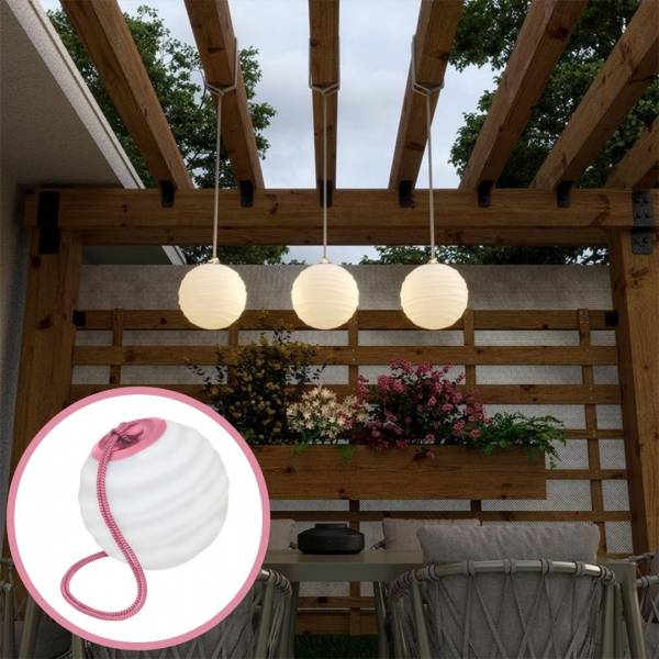 Suspension extérieure portative boule blanche striée SORA Led RGBW 256 couleurs sans fil corde rose étanche IP65