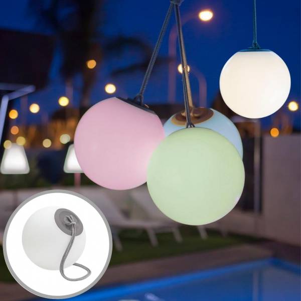 Suspension LED sphère blanche extérieur sans fil RGBW 128 couleurs NORAI corde grise étanche IP65