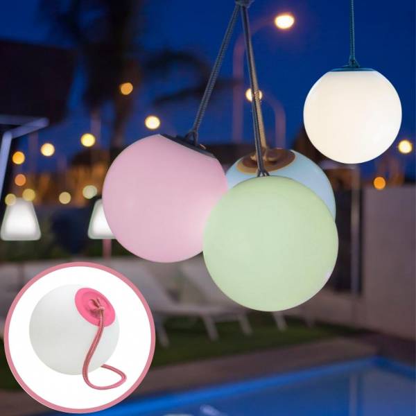 Suspension LED extérieur sans fil boule blanche rechargeable RGBW NORAI corde rose étanche IP65