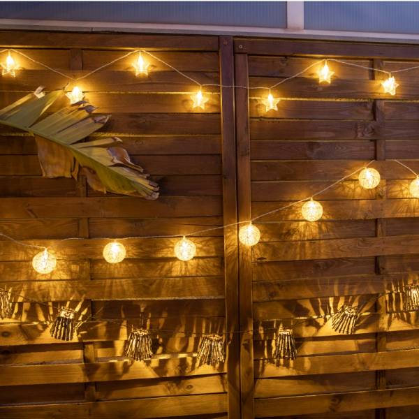 Guirlande lumineuse extérieure boules jute tressé effet rotin 2M PALLINA 10 LED blanc chaud