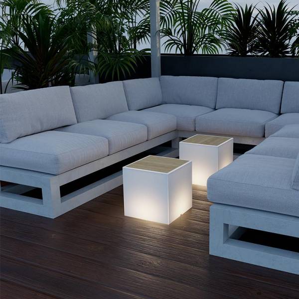 Table basse lumineuse exterieur BORA blanche imitation Bois LED Blanc CCT dimmable IP65 230V