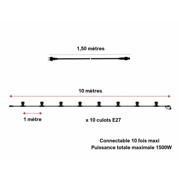 Guirlande Guinguette 10M 10 ampoules LED filament 1W blanc chaud IP65