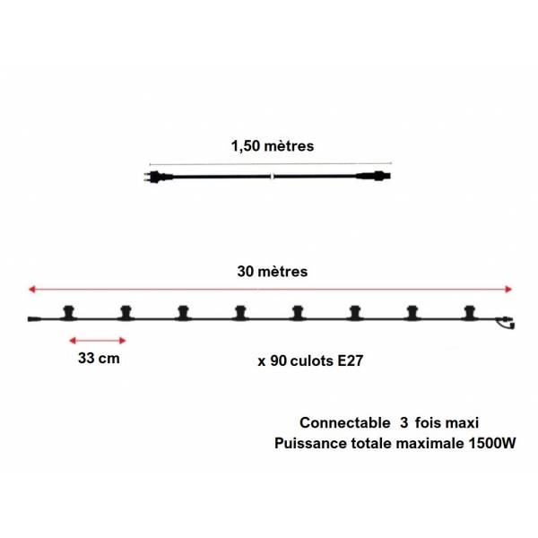 Guirlande guinguette connectable 30M 90 douilles câble plat noir IP65