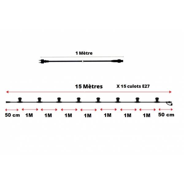Guirlande Guinguette extérieur 15M 15 culots E27 câble rond prolongeable
