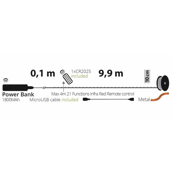 Guirlande lumineuse à batterie rechargeable USB 10m 100 MicroLED blanc chaud 8 modes fil métal cuivré IP44